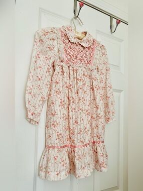 Vintage Polly Flinders Floral Smocked Pink and Cream Dress
